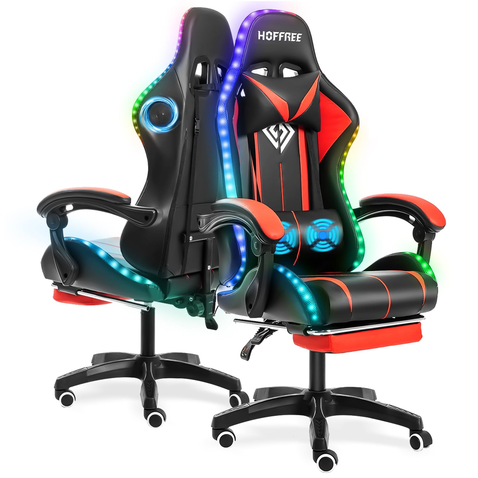 Hoffree Gaming Chair with Speakers and RGB LED Lights Ergonomic Massage Gamer Chair with Footrest High Back with Lumbar Support for Adults