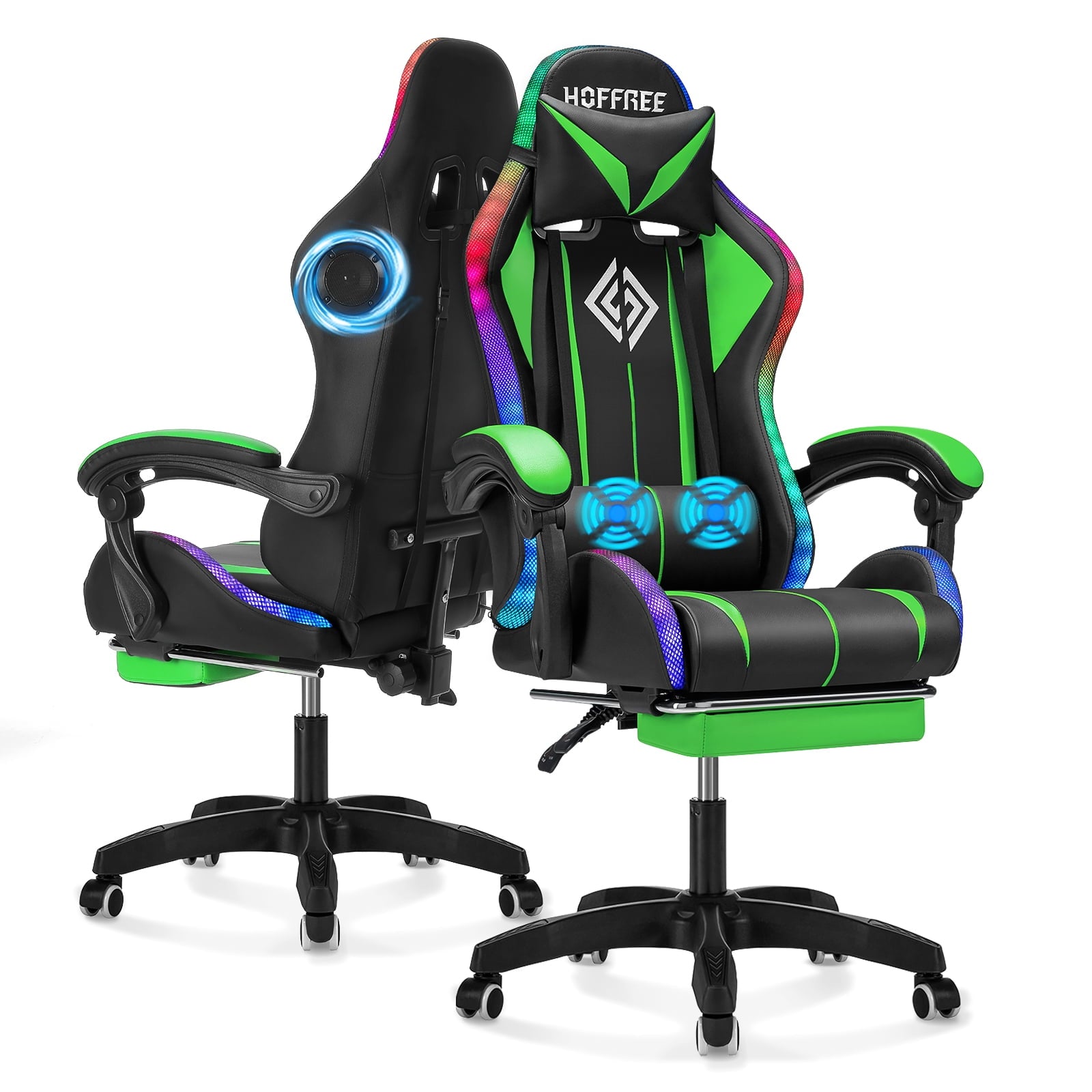 Hoffree Gaming Chair with Speakers and RGB LED Lights Ergonomic Massage Gamer Chair with Footrest High Back with Lumbar Support for Adults