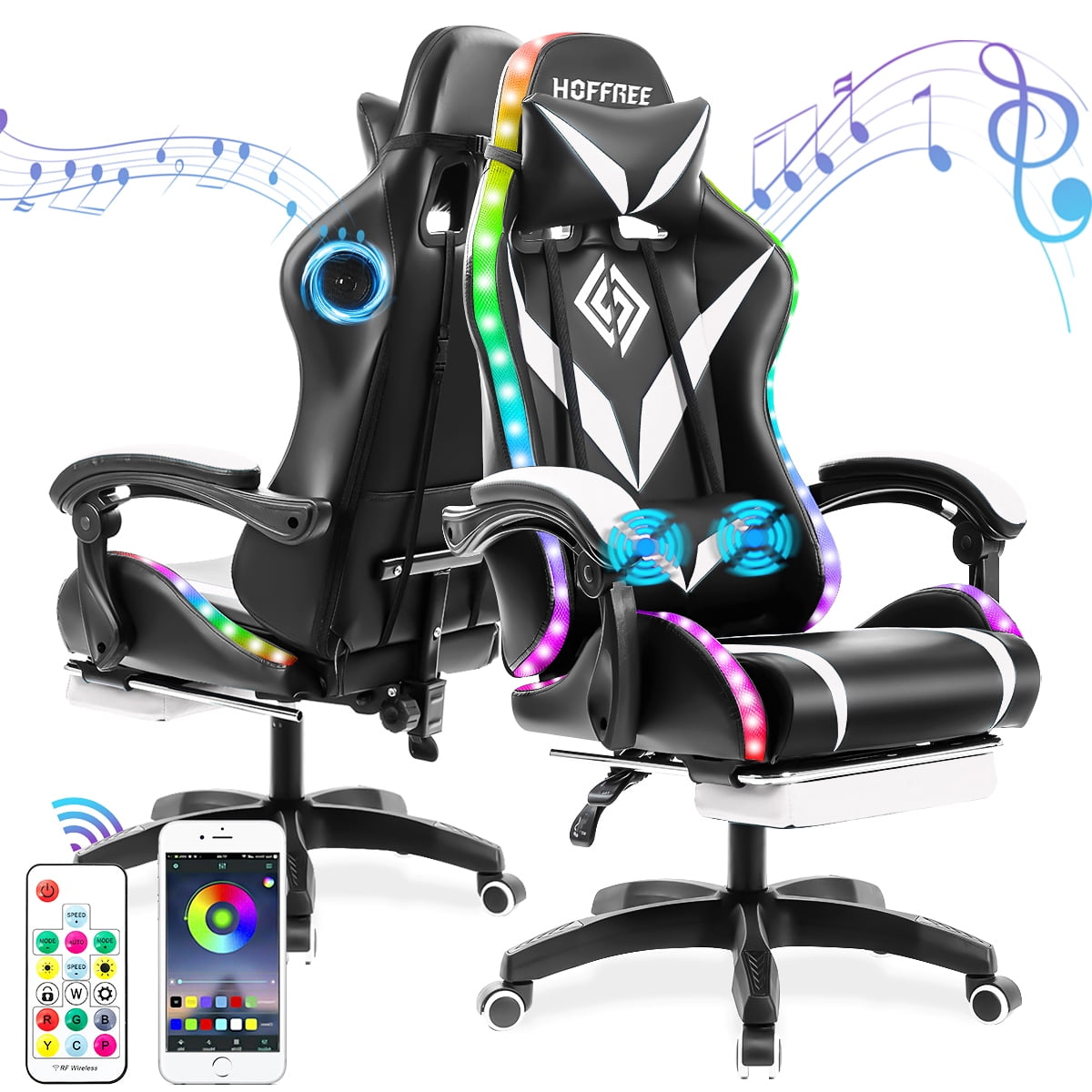 Hoffree Gaming Chair with Speakers and RGB LED Lights Ergonomic Massage Gamer Chair with Footrest High Back with Lumbar Support for Adults