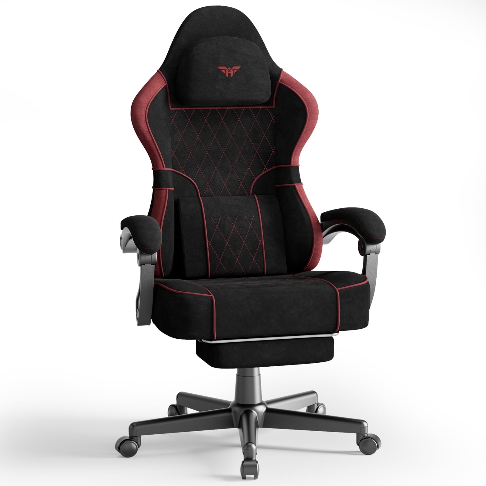 Huracan Velvet Fabric Gaming Chair for Adult Adjustable Height Video Gamer Chair with Footrest&Massage Lumbar Cushion High Back Computer Deak Chair for Office Home,Black+Red