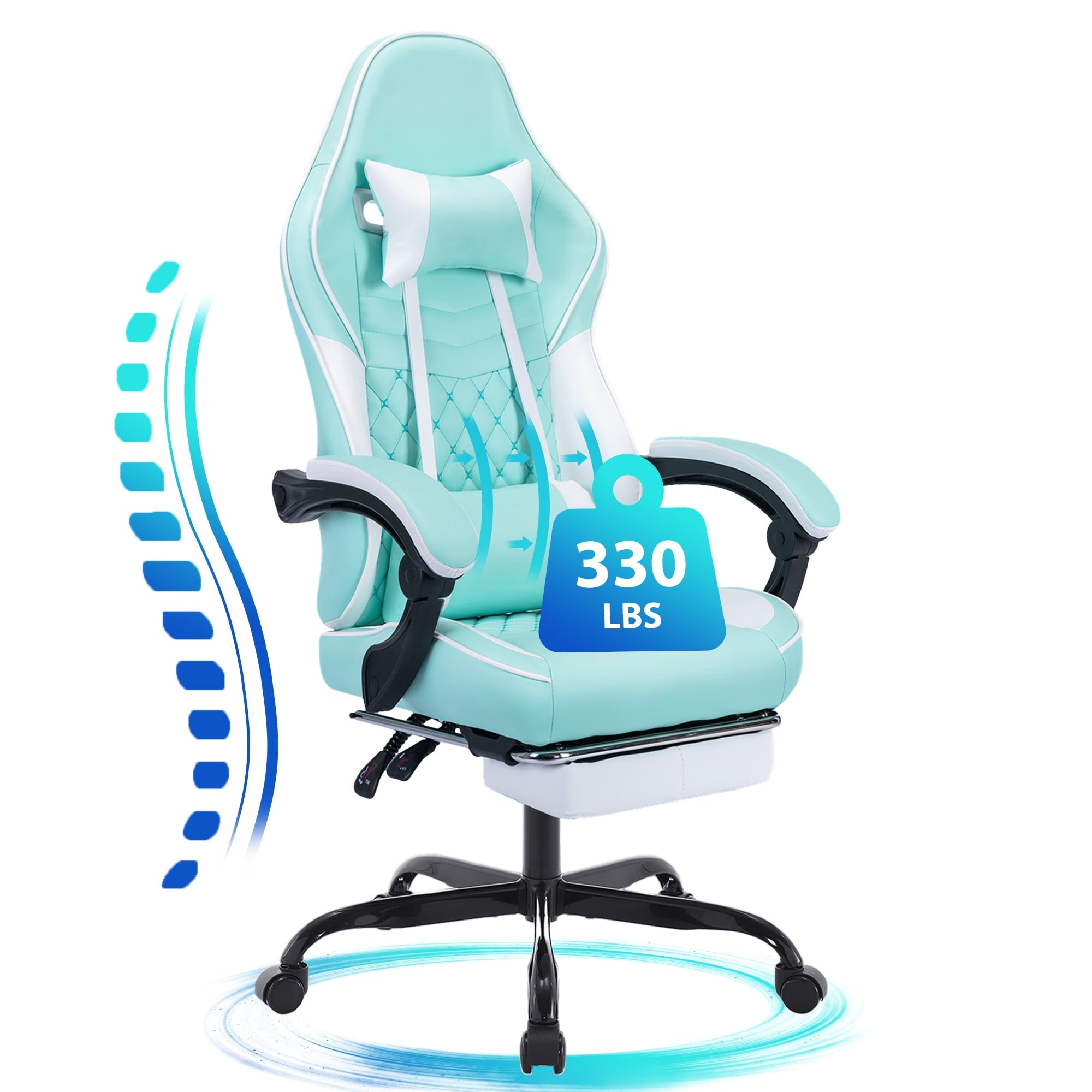 JONPONY Ergonomic Video Gamer Chairs,Computer Gaming Chairs with Massage Lumbar Support and footrest,Racing Style Computer Chair Adjustable Headrest for Adults,GREEN