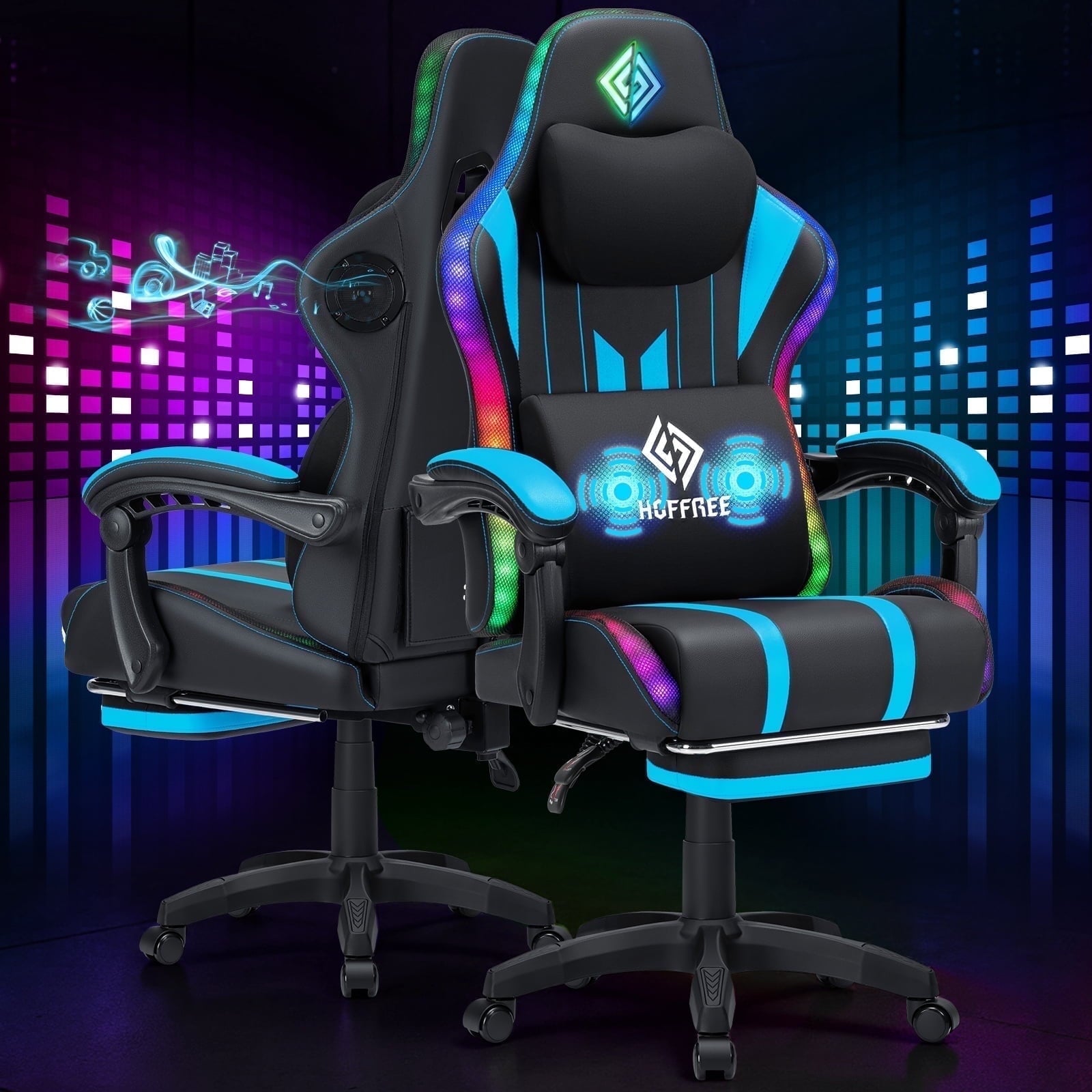 HOFFREE Massage Gaming Chair with Speakers, Leather Game Chair with Bluetooth and Music Rhythm RGB Lights, Big and Tall Gamer Chair with Footrest for Adults, Ergonomic Video Game Chair with Headrest