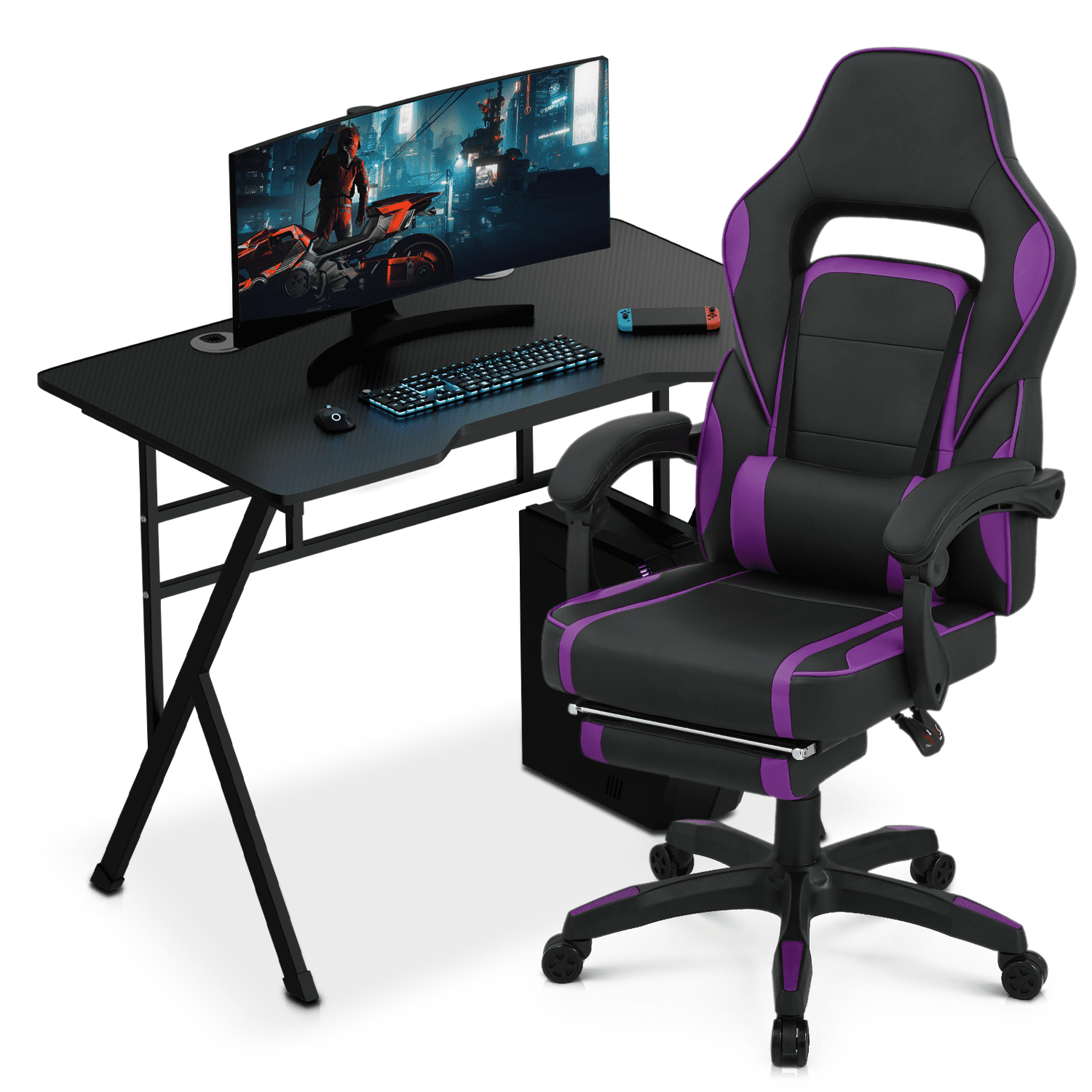 MoNiBloom Computer Desk & Gaming Chair Set, Office Desk with Host Rack and Adjustable Computer Chair with Footrest and Lumbar Support, Black/Purple