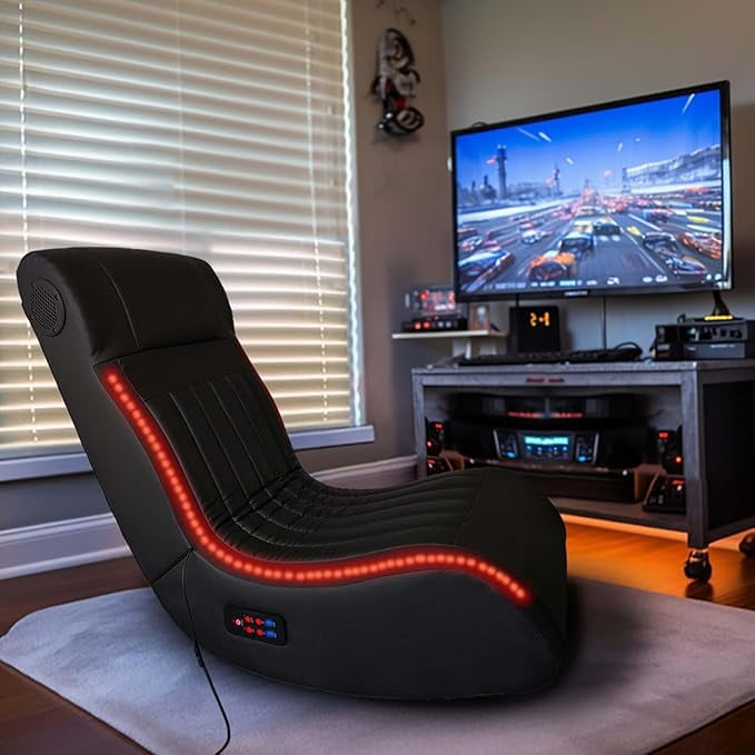 Video Gaming Floor Rocker Chair, Built-in Audio Speakers, LED Strip Lighting, Vibration Massage, USB Charging Port, Foldable Floor Gaming Chairs for Gamers