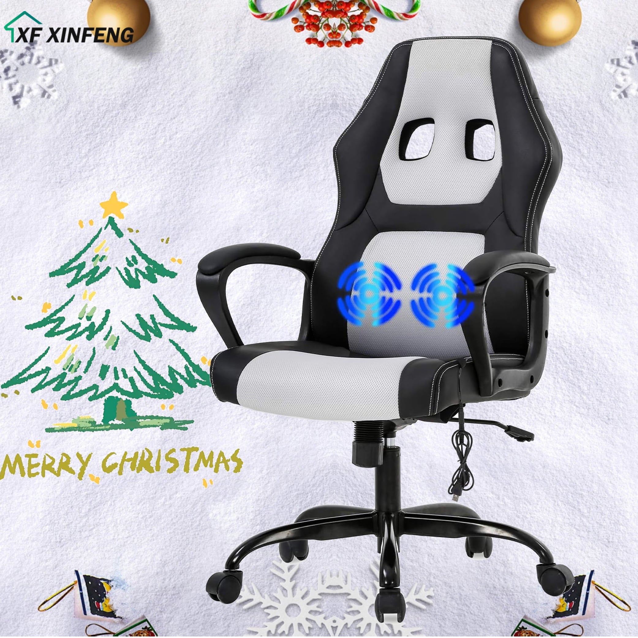 XF XINFENG Gaming Ergonomic Office Chair, 250lbs Capacity PU Leather Computer Chair with Lumbar Massage, Height Adjustable 360° Swivel Racing Chair, White