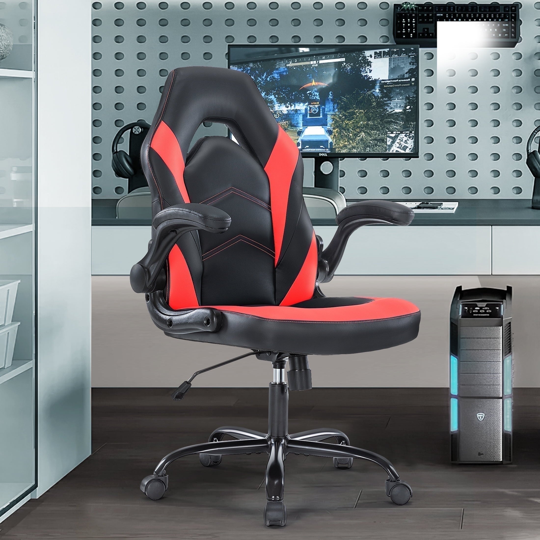CONCETTA Computer Desk Chair, Gaming Chair with Flip-up Armrests, Ergonomic Home Office Chairs Height Adjustable, Leather Game Chair with Lumbar Support, Black and Gray