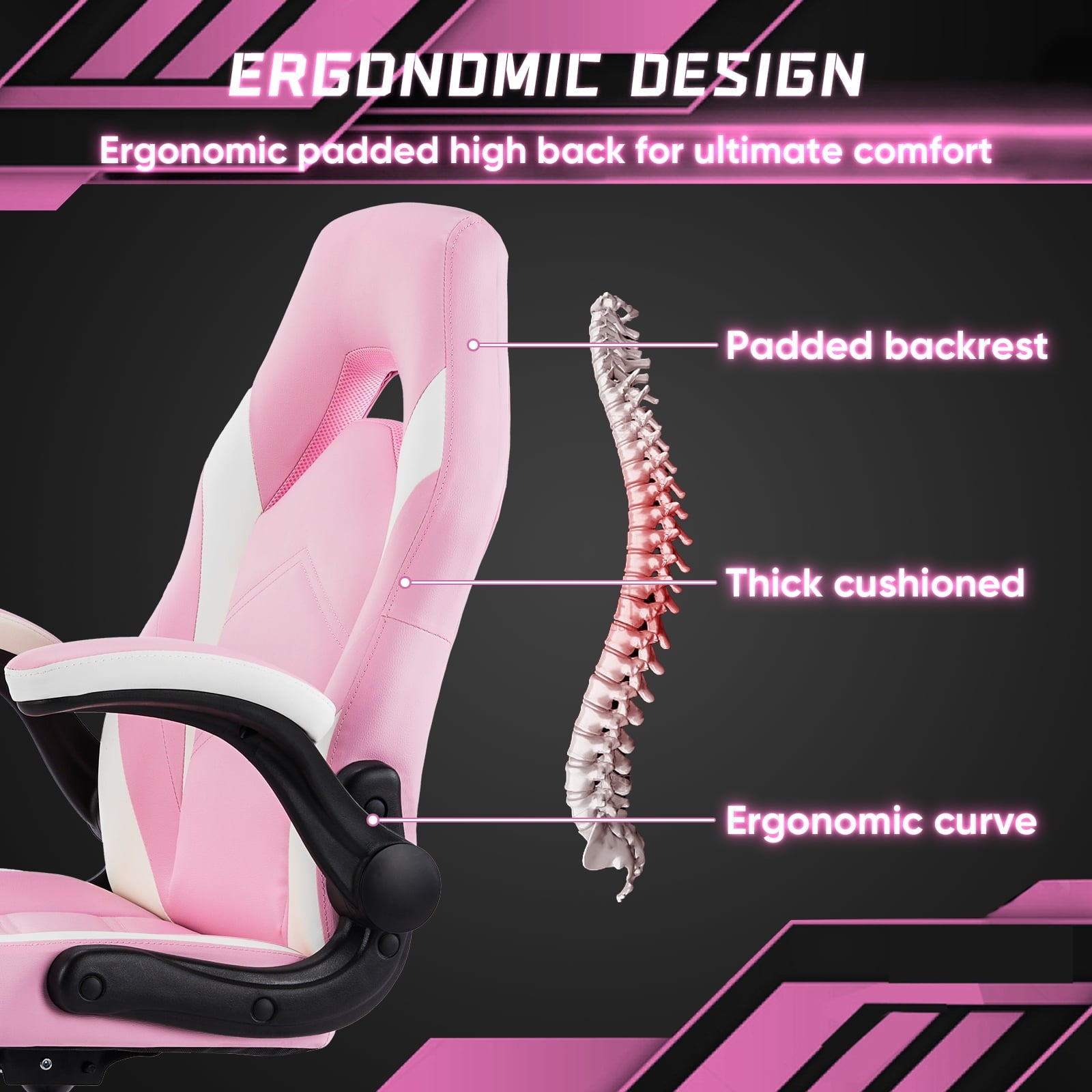 GIANNA Ergonomic PU Leather Computer Gaming Chair, Adjustable Swivel Racing Chair with Flip-up Armrest, Pink White