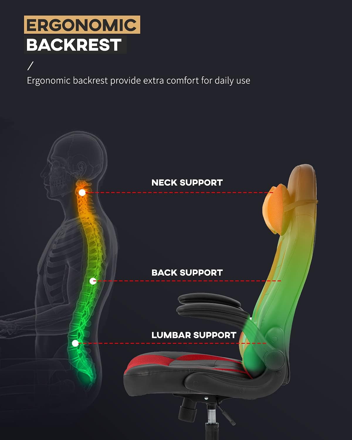 FDW Ergonomic Gaming Chair, Lumbar Support, Swivel Rolling for Women, Men(Red)