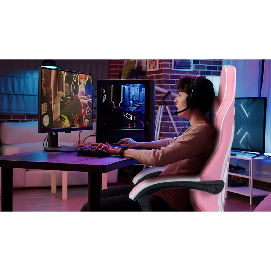 Computer Gaming Chairs with Massage Lumbar Support and footrest,Racing Style Computer Chair Adjustable Headrest for Adults,Pink White