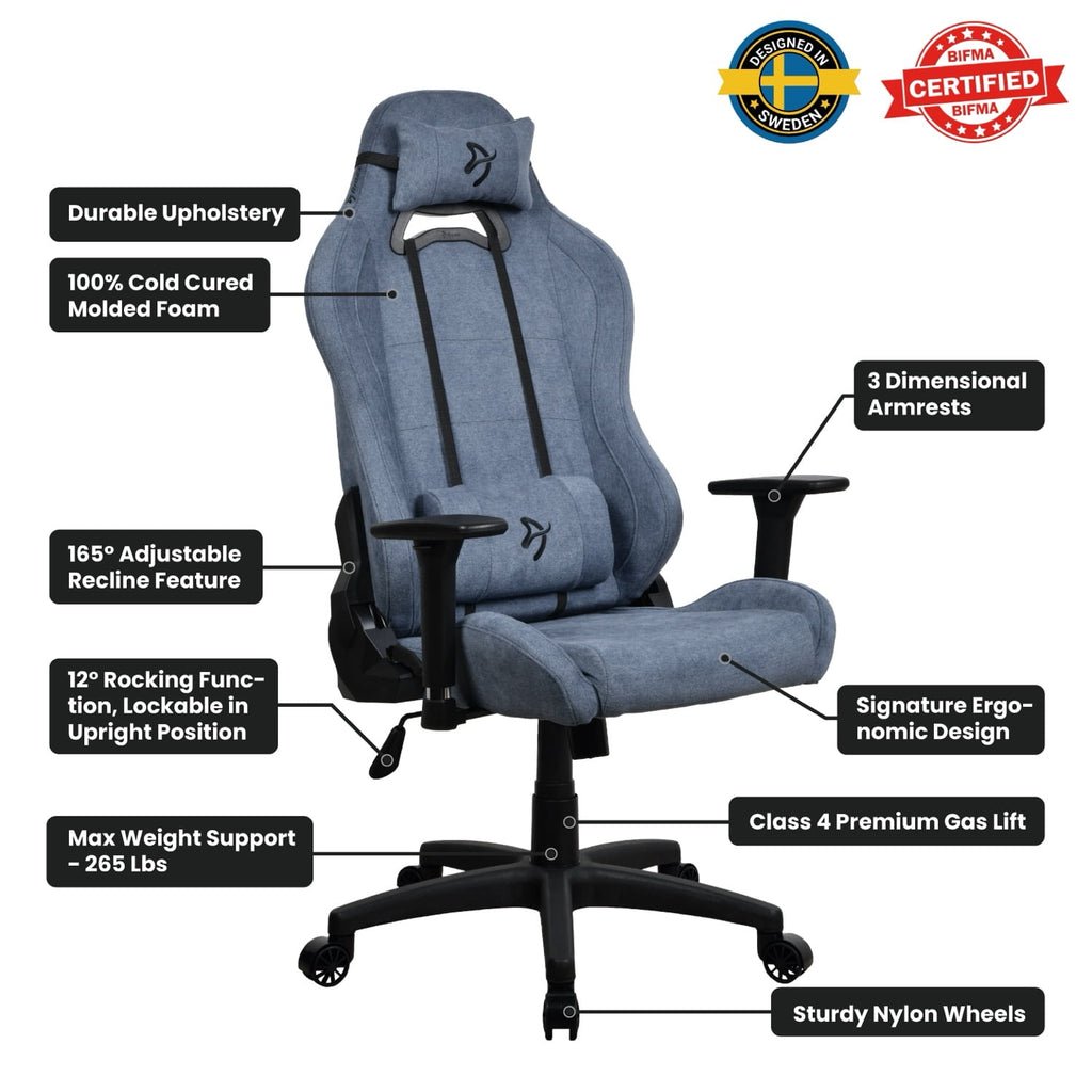 Arozzi Torretta Soft Fabric Gaming Chair, Breathable Fluid-Repellent Ergonomic Office Chair with Adjustable Height, 3D Armrest & 2 Supportive Pillows (Blue)