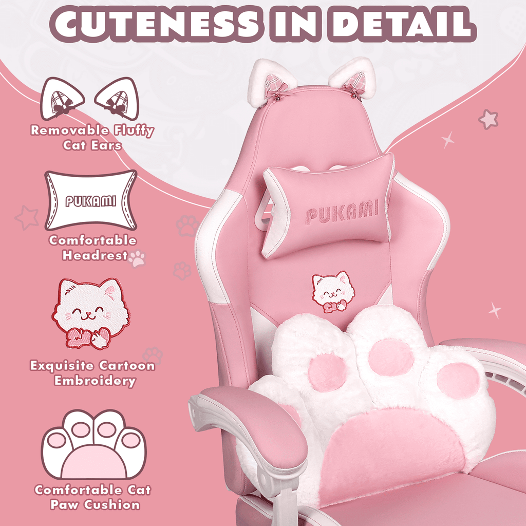 BOSSIN Pink Gaming Chair,Ergonomic Computer Chair for adult with Cat Paw Lumbar Cushion and Cat Ears