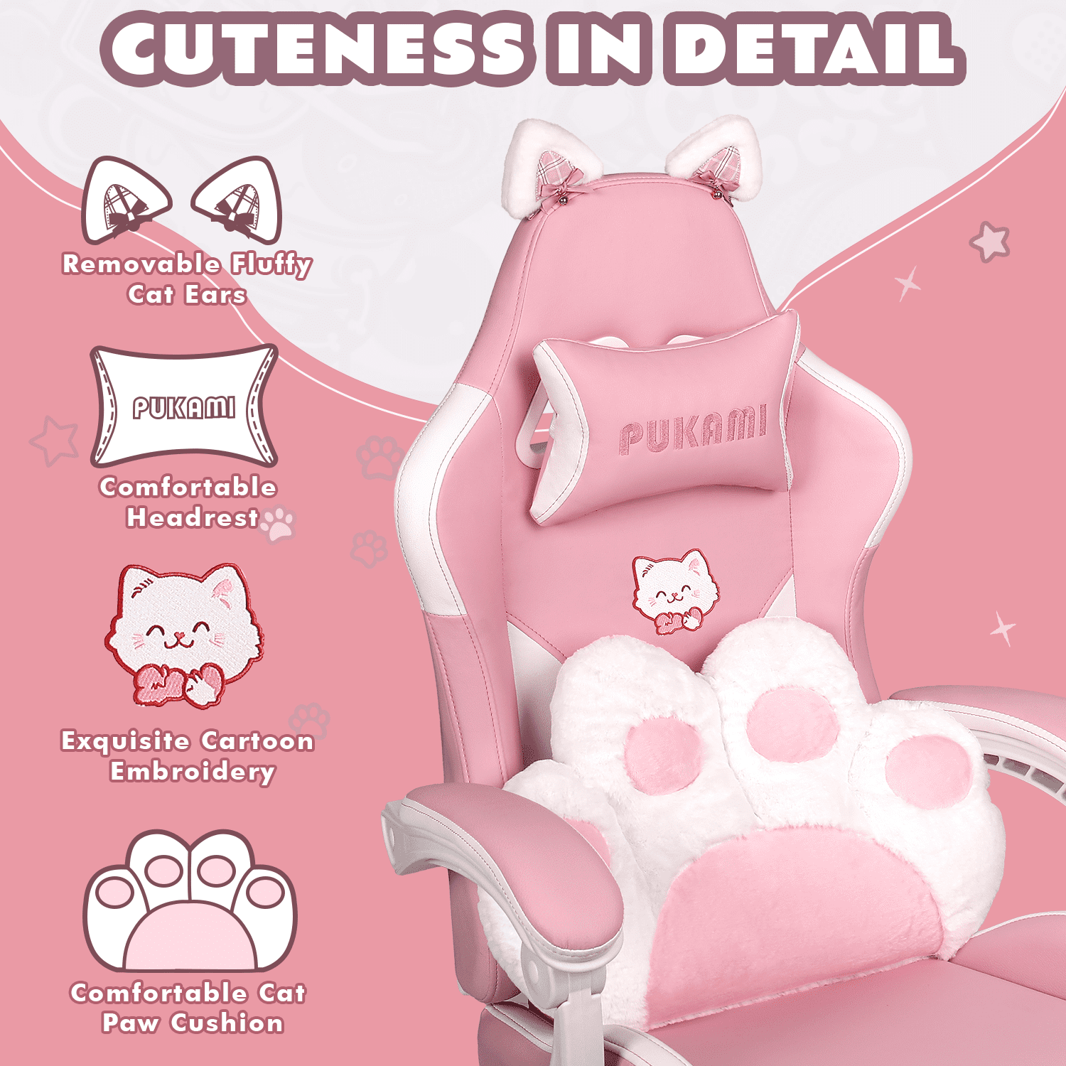 BOSSIN Pink Gaming Chair,Ergonomic Computer Chair for adult with Cat Paw Lumbar Cushion and Cat Ears