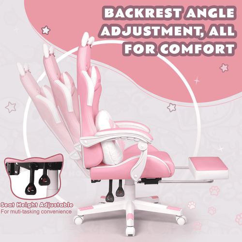 BOSSIN Pink Gaming Chair,Ergonomic Computer Chair for adult with Cat Paw Lumbar Cushion and Cat Ears