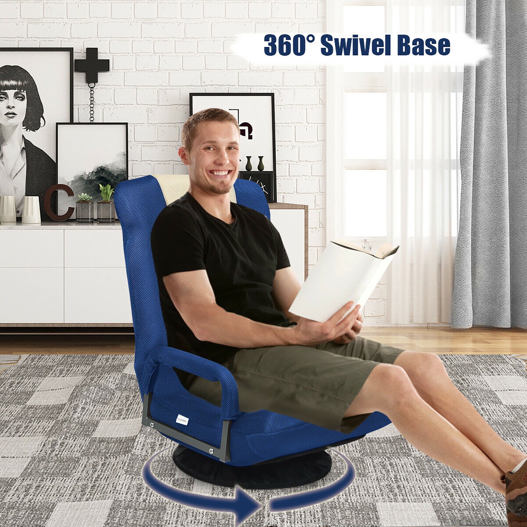 Costway 360-Degree Swivel Gaming Floor Chair with Foldable Adjustable Backrest Blue