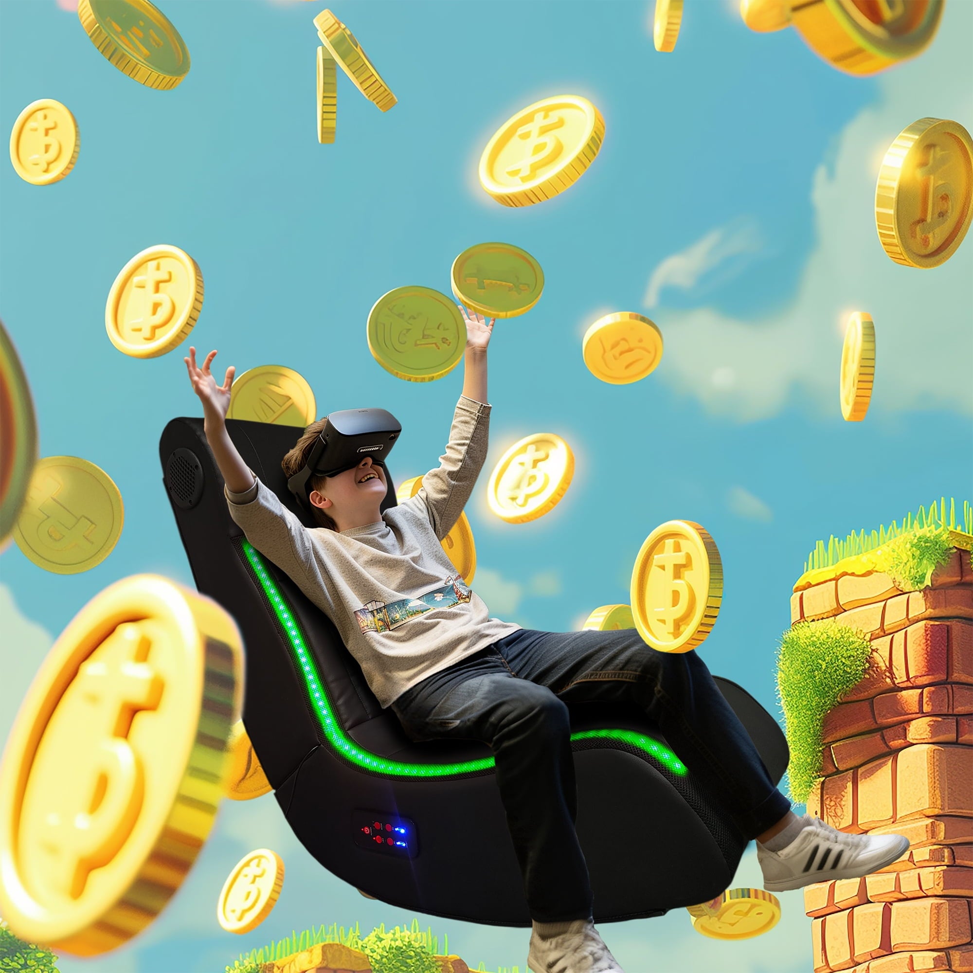 Game Chair Foldable Gaming Chair With Onboard Speakers, LED Strip Lighting, Bluetooth Music Speakers, Vibration Massage, USB Charging Port,Reclining Game Chair