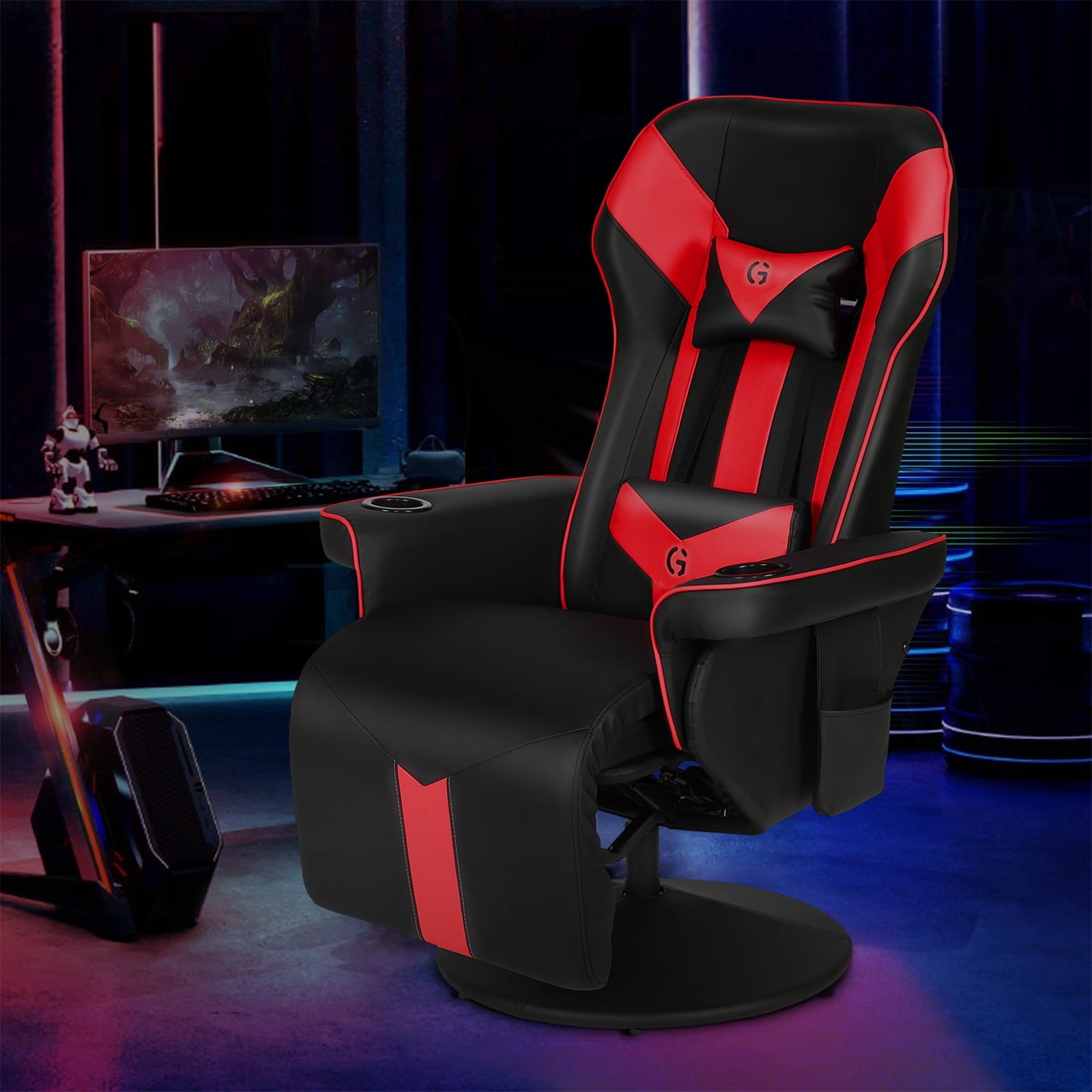 King Throne Ergonomic Gaming Chair High Back Video Racing Chair Swivel Recliner Chair with Footrest, Adjustable Backrest, Headrest, Lumbar Support, Cupholders, Black Red