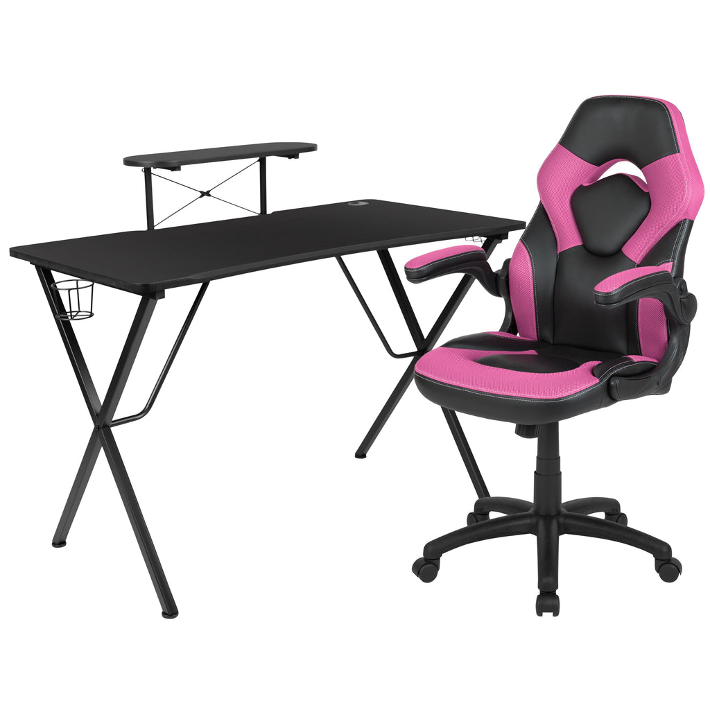 Emma + Oliver Black/Pink Gaming Desk Set with Cup Holder, Headphone Hook, and Monitor Stand