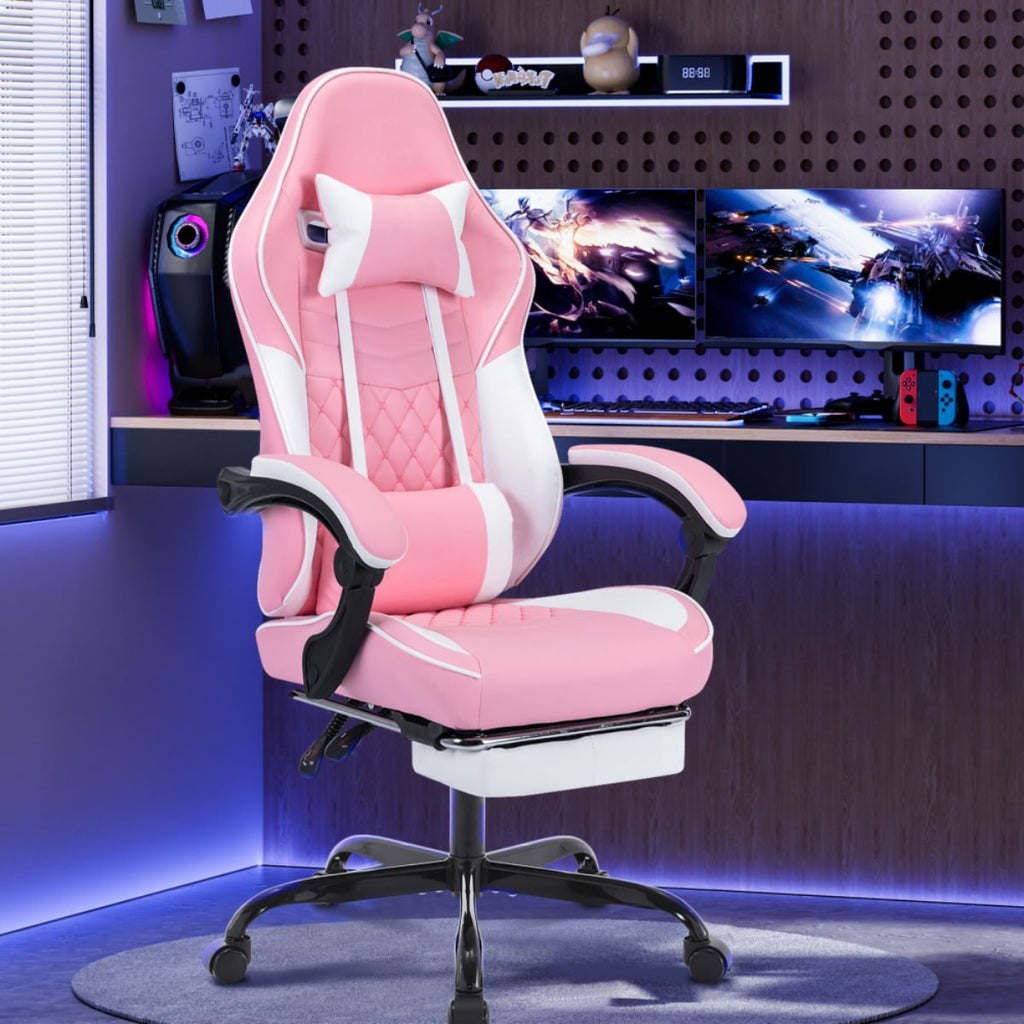 Computer Gaming Chairs with Massage Lumbar Support and footrest,Racing Style Computer Chair Adjustable Headrest for Adults,Pink White