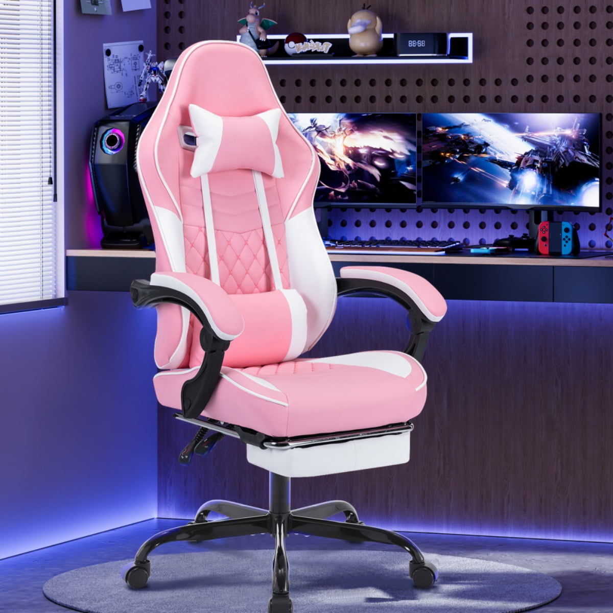 Computer Gaming Chairs with Massage Lumbar Support and footrest,Racing Style Computer Chair Adjustable Headrest for Adults,Pink White
