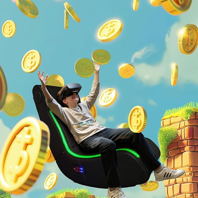 Video Gaming Floor Rocker Chair, Built-in Audio Speakers, LED Strip Lighting, Vibration Massage, USB Charging Port, Foldable Floor Gaming Chairs for Gamers