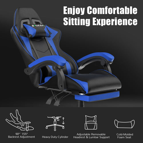 Bigzzia Gaming Chair with Footrest, Computer Chair with Adjustable Lumbar Pillow and Headrest, Blue