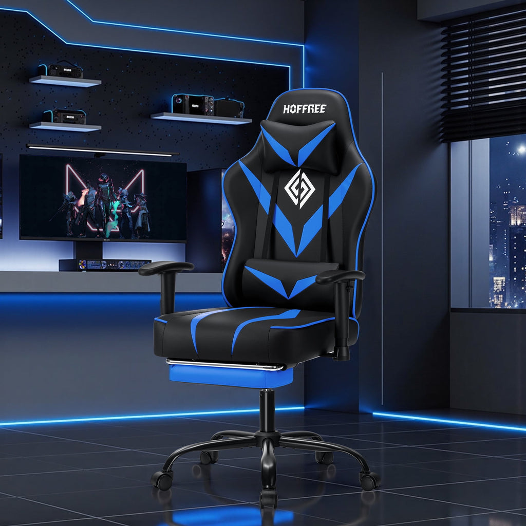 Hoffree Massage Gaming Chair with Footrest Ergonomic Design Gamer Chair with Adjustable Armrest for Adults and Teens Leather Game Chair with Headrest and Lumbar Support