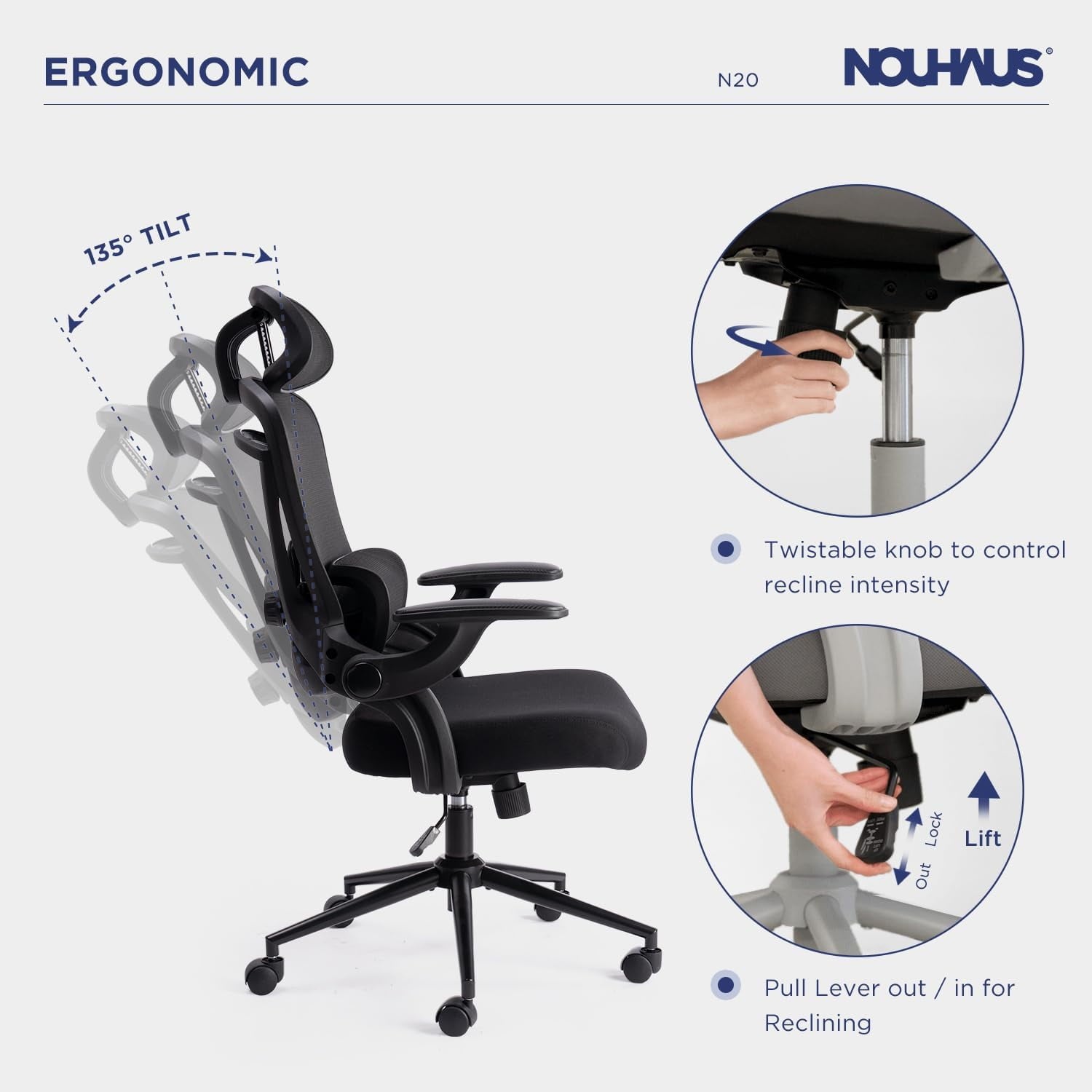 Nouhaus Ergonomic ErgoFit Mesh Office Chair Lumbar Support Comfy Gaming Chairs with Adjustable Headrest & Armrest, Big and Tall Swivel Computer Desk Chair Tilt Function