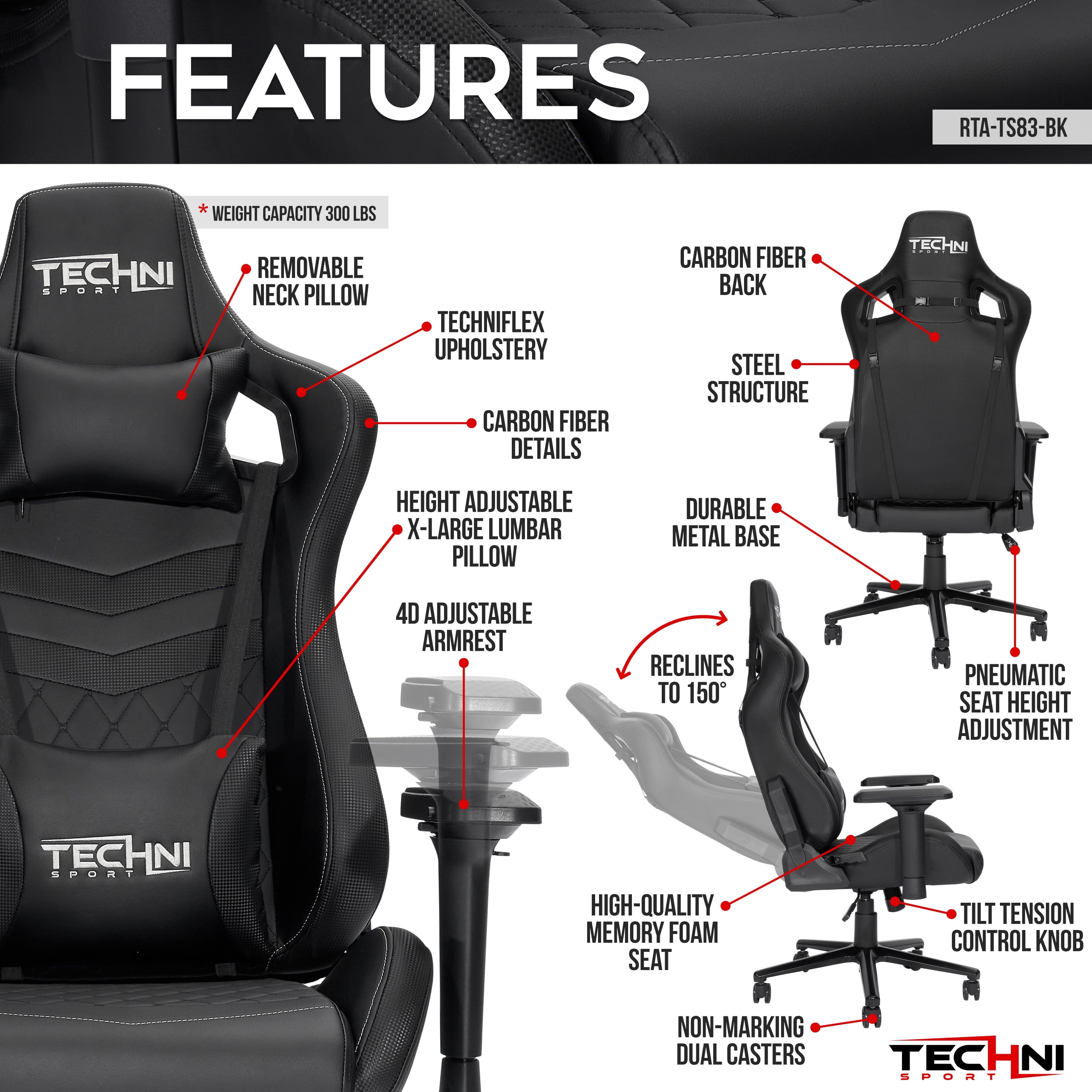 Techni Sport TS-83 Ergonomic High Back Racer Style PC Gaming Chair with Memory Foam Seat, Black RTA-TS83-BK