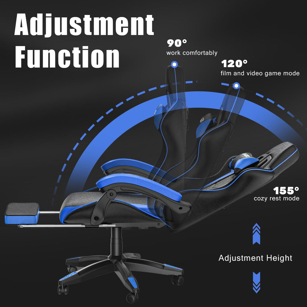 Bigzzia Gaming Chair with Footrest, Computer Chair with Adjustable Lumbar Pillow and Headrest, Blue
