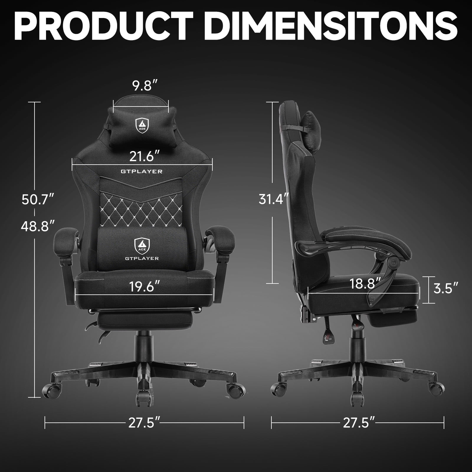GTPLAYER Gaming Chair, Fabric Ergonomic Office Chair with Footrest and Lumbar Suppor for Adult, Black