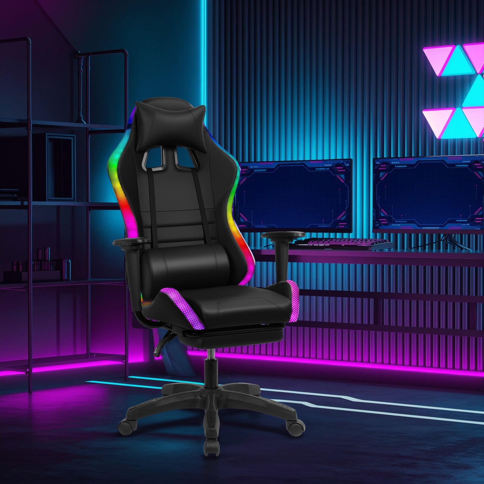 GZCW Gaming Chair with Retractable Footrest,350lbs Load Capacity Office Executive Chair with Two Bluetooth-compatible Speakers,Multiple RGB LED Light Modes Game Chair