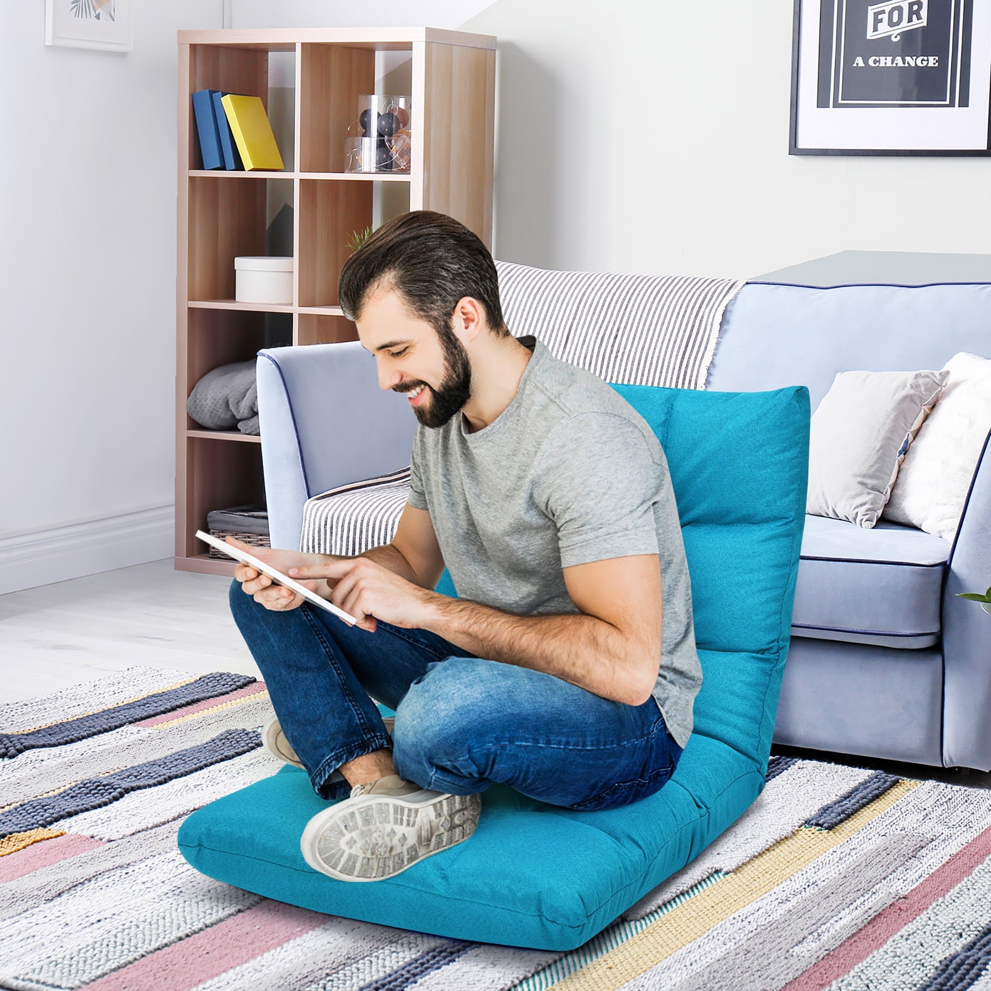 Costway Adjustable 14-Position Floor Chair Folding Lazy Gaming Sofa Chair Peacock Blue