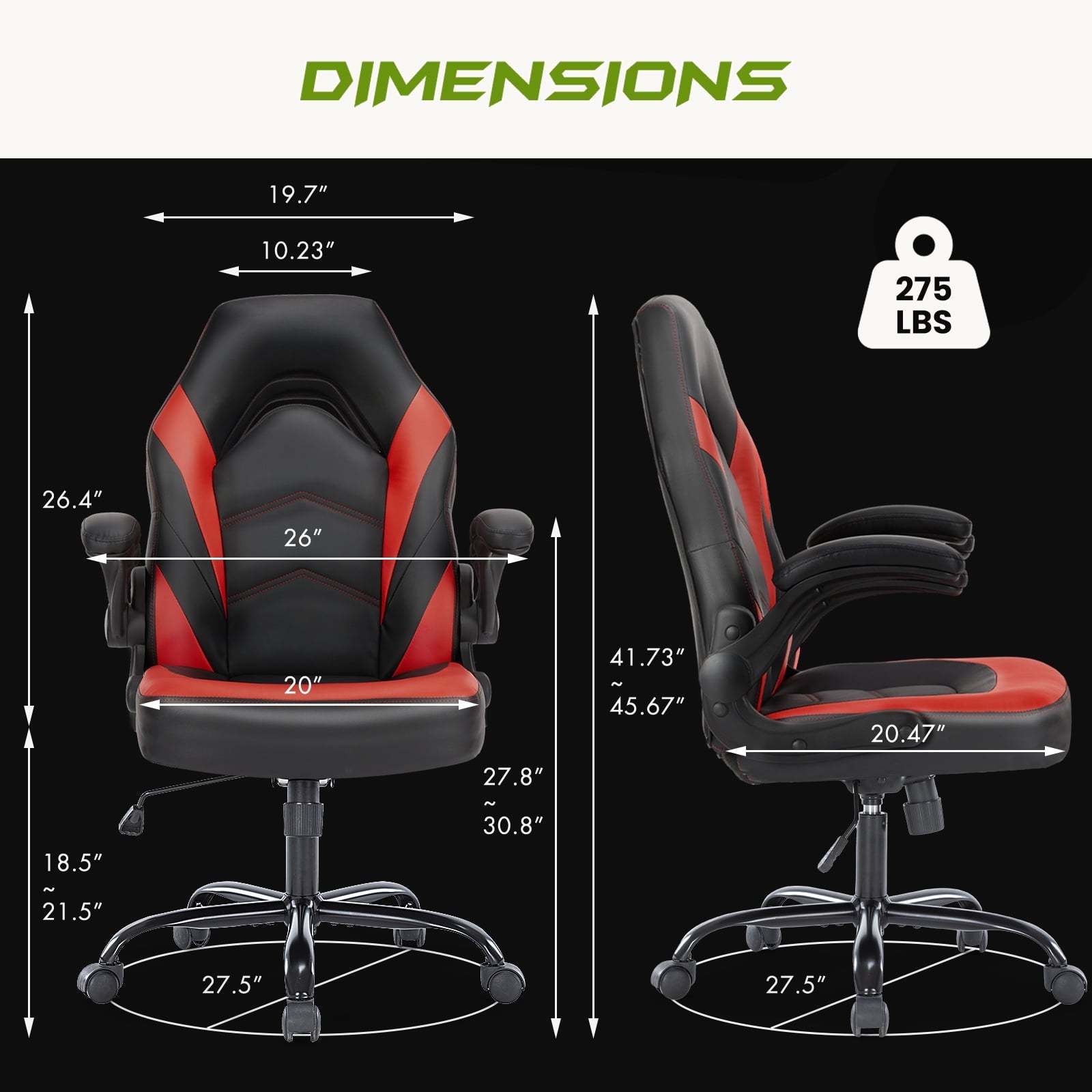 GIANNA Computer Gaming Desk Chair, Ergonomic Office Executive Adjustable Swivel PU Leather Racing Chair with Flip-up Armrest, Black Red