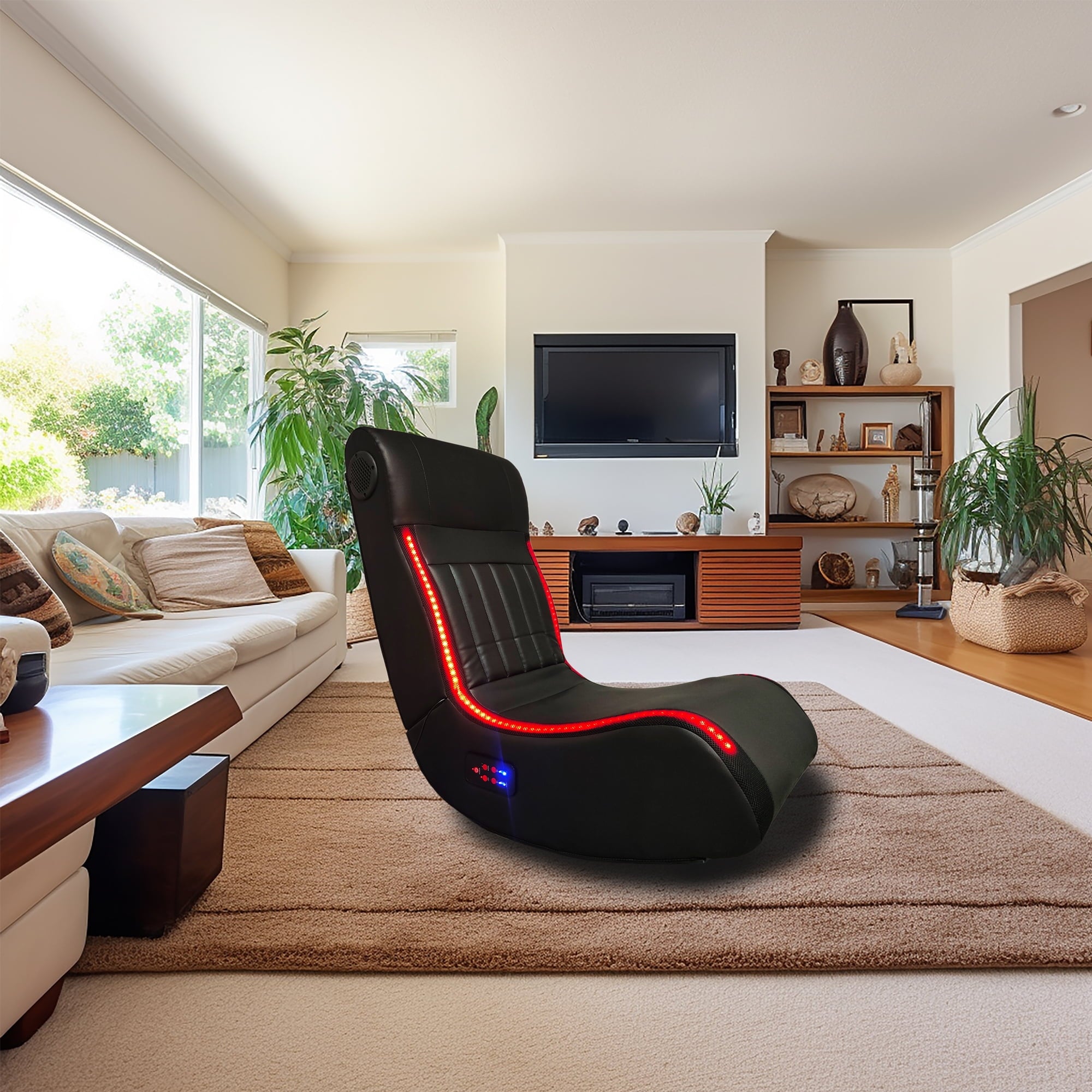 Game Chair Foldable Gaming Chair With Onboard Speakers, LED Strip Lighting, Bluetooth Music Speakers, Vibration Massage, USB Charging Port,Reclining Game Chair