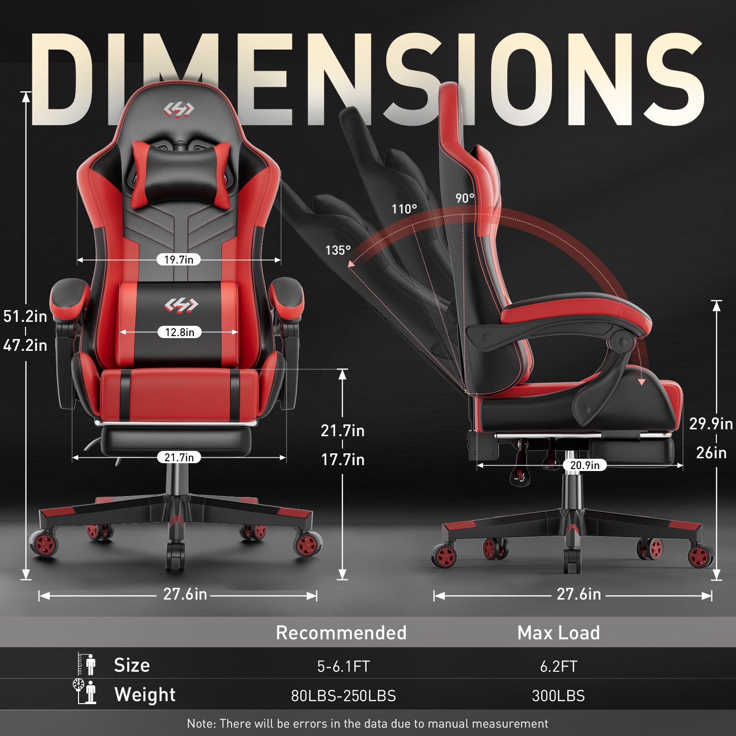 HLDIRECT Gaming Chair with Pocket Spring Cushion, Video Game Chair, Gaming Computer Chair for Adults with Headrest and Lumbar Support, Black & Red