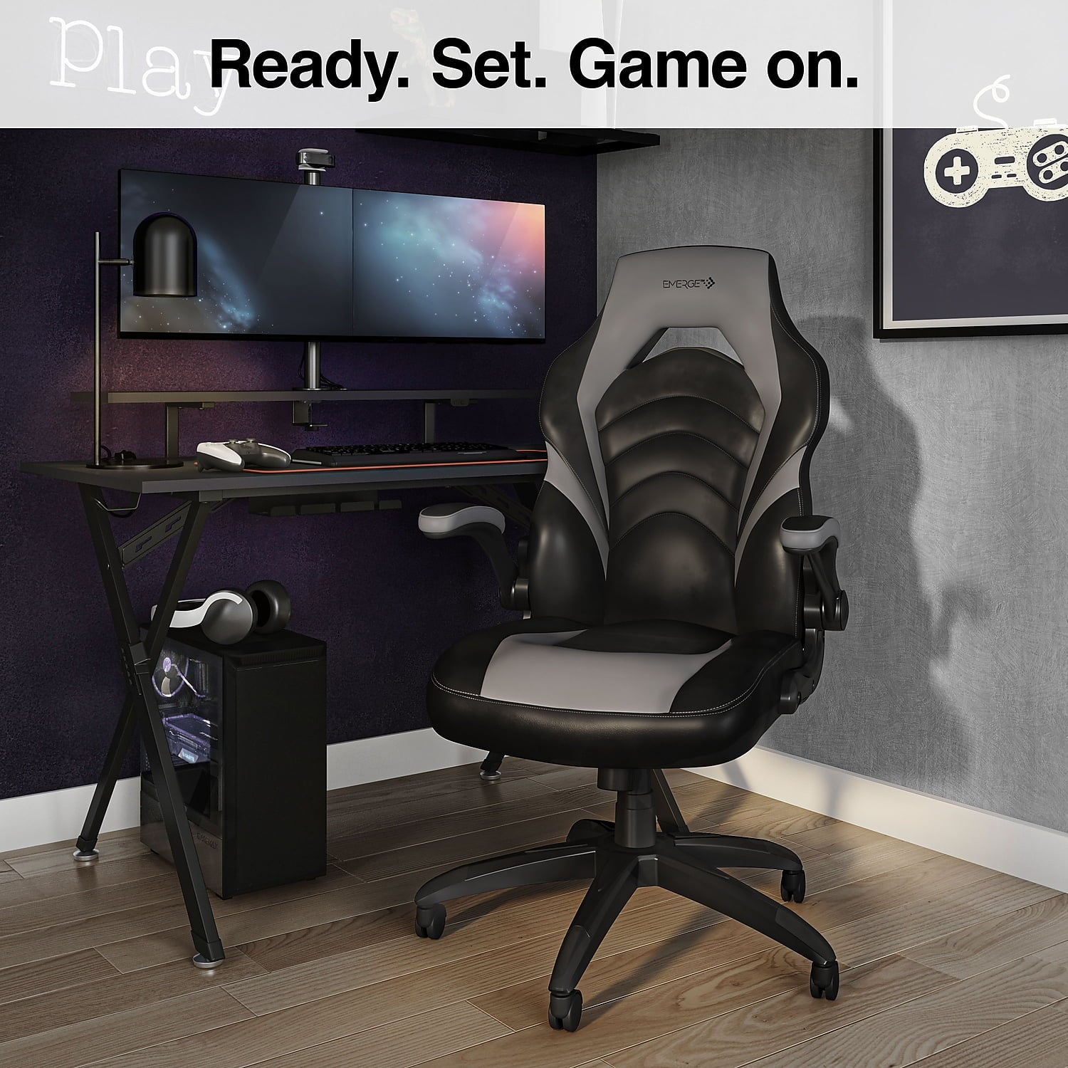 Staples Emerge Vortex Bonded Leather Gaming Chair Black and Gray 2/Pack (58224-CCVS)