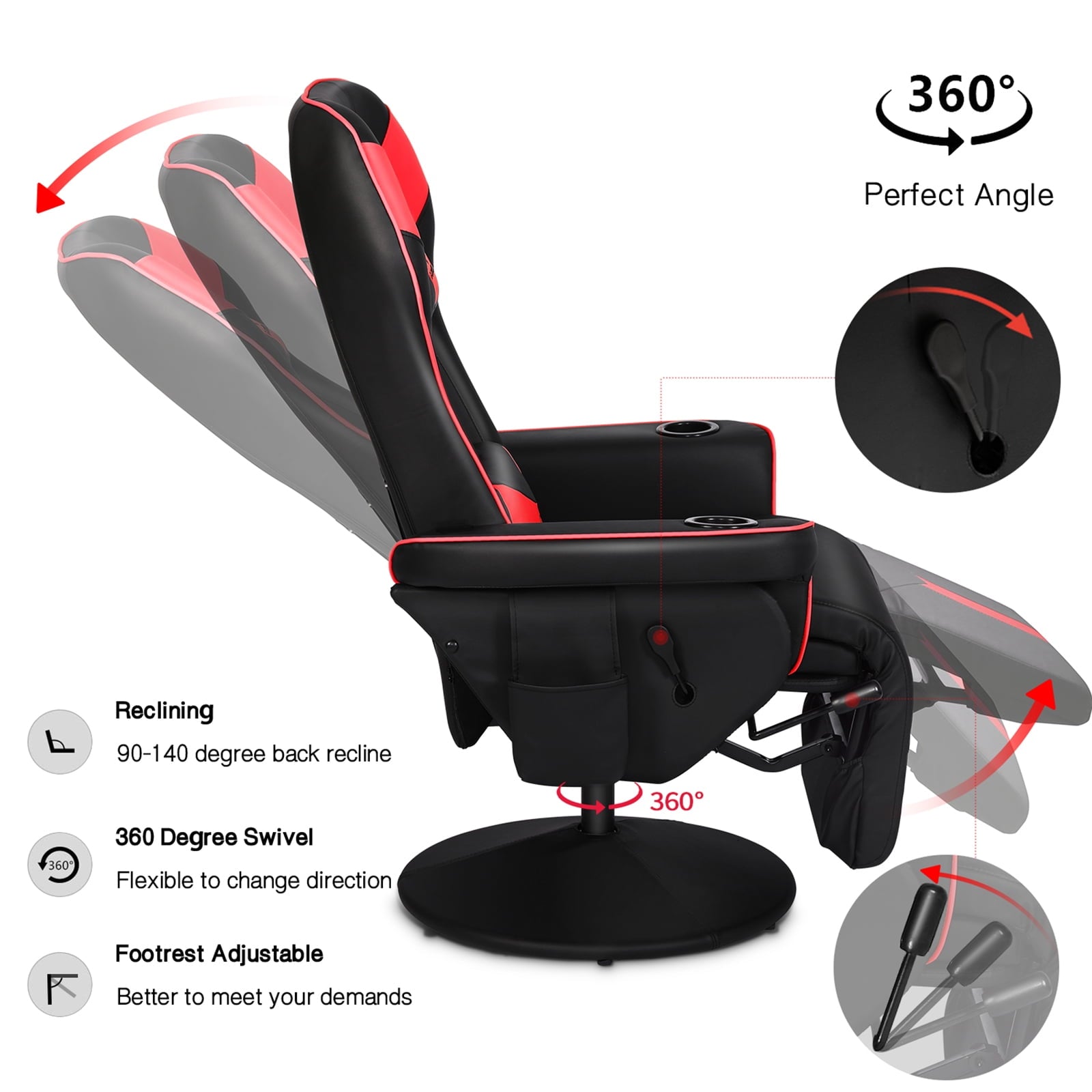 King Throne Ergonomic Gaming Chair High Back Video Racing Chair Swivel Recliner Chair with Footrest, Adjustable Backrest, Headrest, Lumbar Support, Cupholders, Black Red