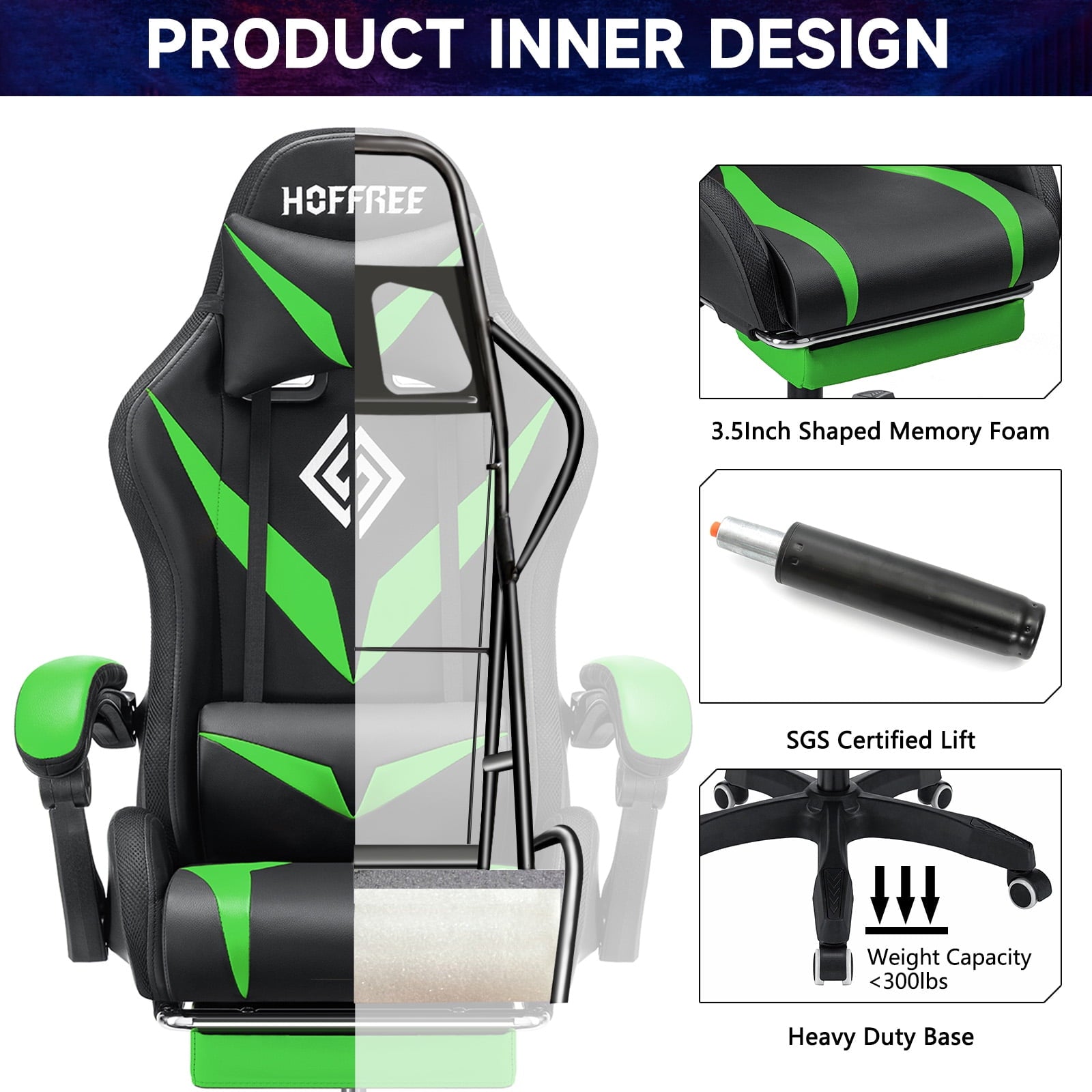 Hoffree Gaming Chair with Speakers and RGB LED Lights Ergonomic Massage Gamer Chair with Footrest High Back with Lumbar Support for Adults