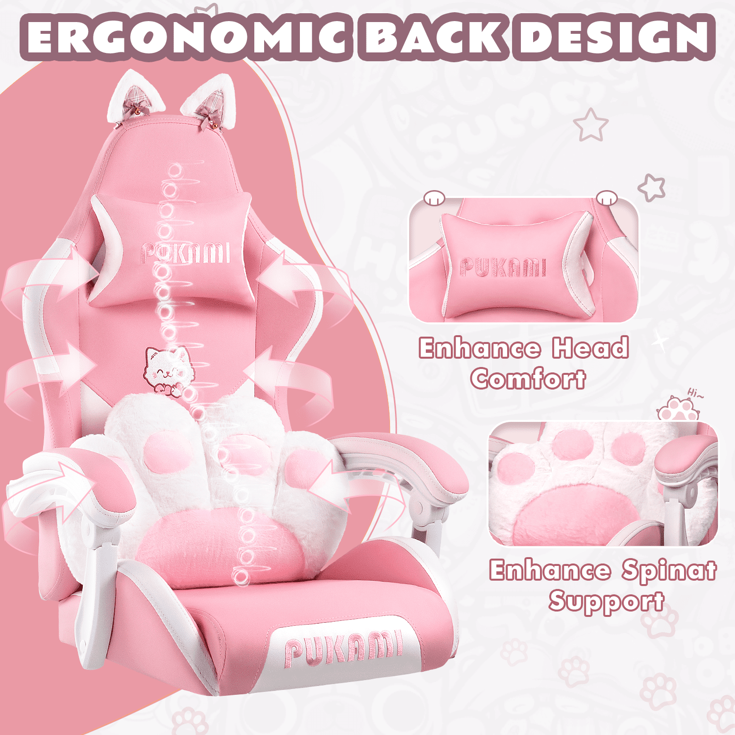 BOSSIN Pink Gaming Chair,Ergonomic Computer Chair for adult with Cat Paw Lumbar Cushion and Cat Ears