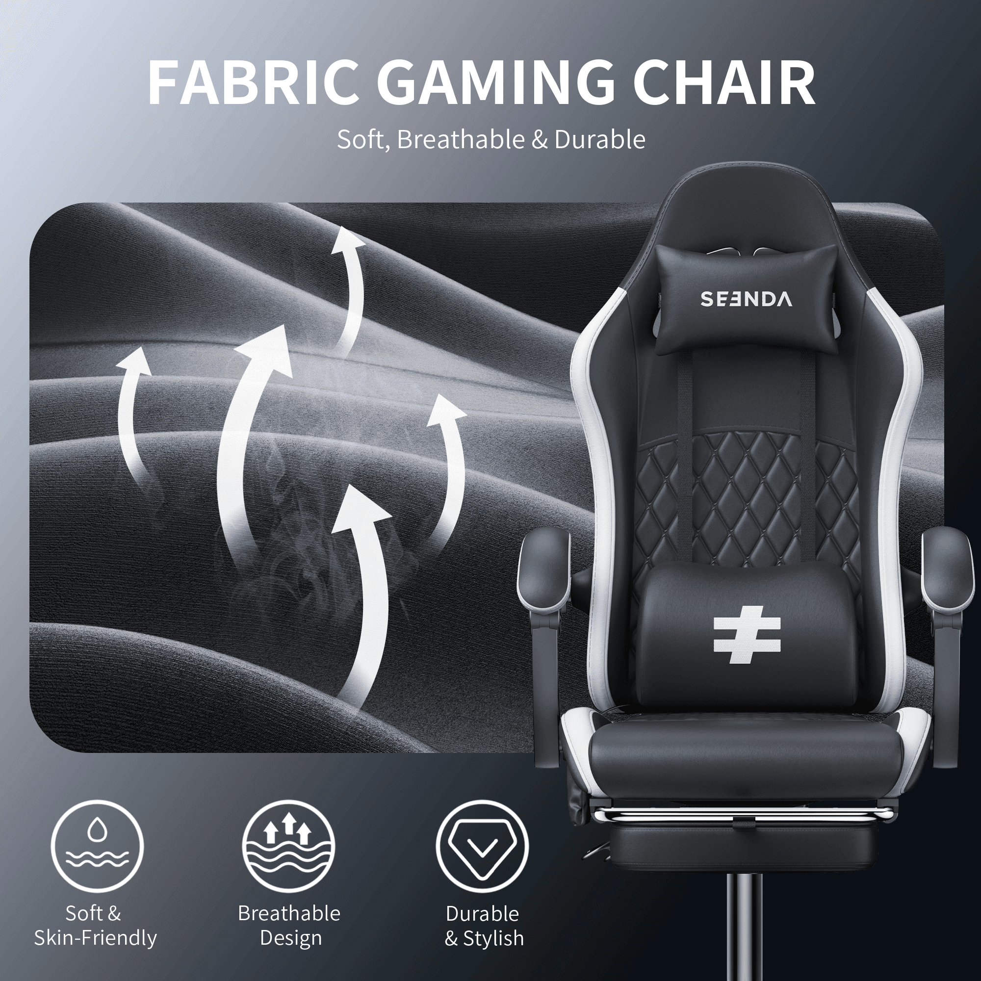 Seenda Gaming Chair, Fabric Office Chair Ergonomic Desk Chair, Video Game Chair with Footrest and Massage Lumbar Support, High Back Computer Office Chair with Headrest, 275Lbs, Black