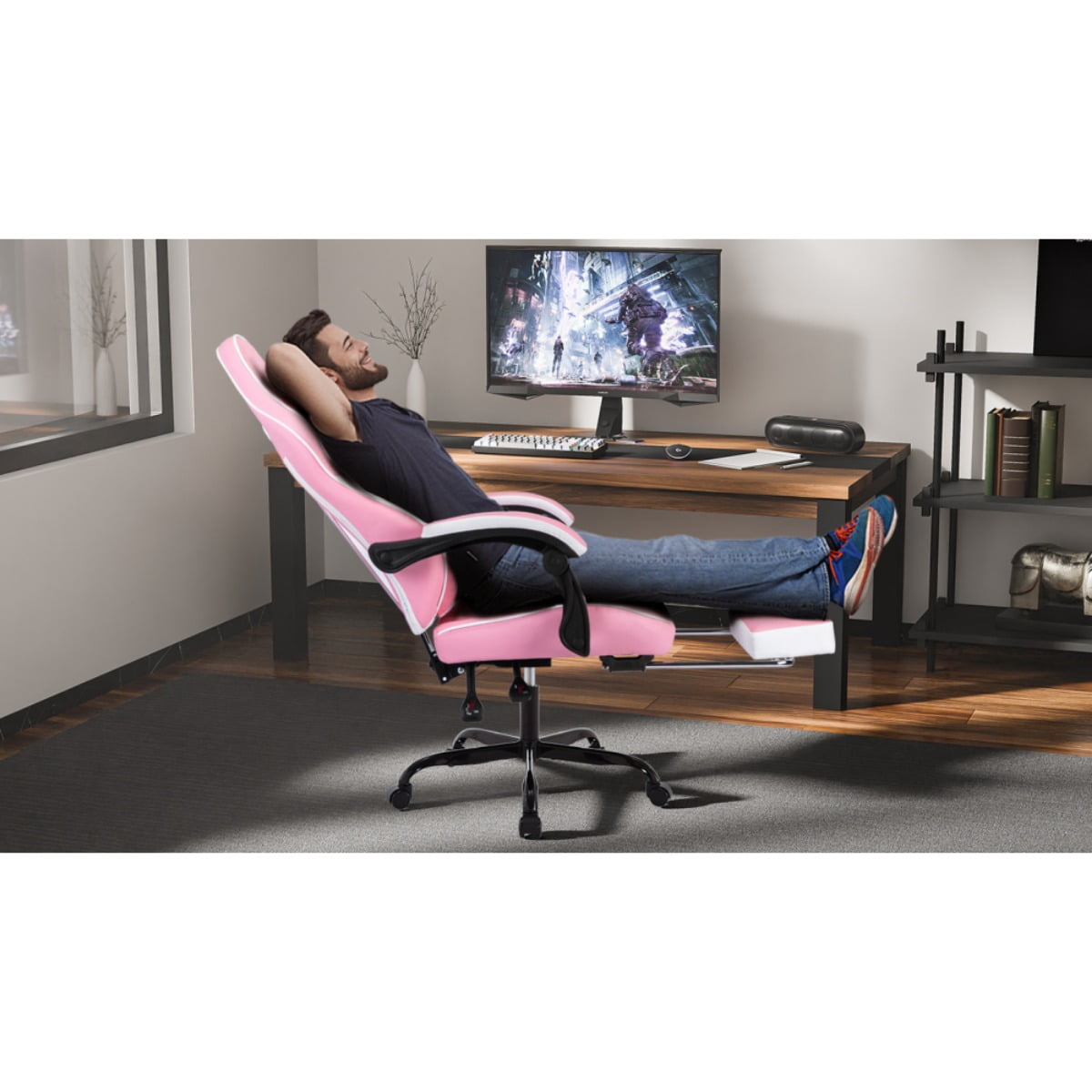 Computer Gaming Chairs with Massage Lumbar Support and footrest,Racing Style Computer Chair Adjustable Headrest for Adults,Pink White