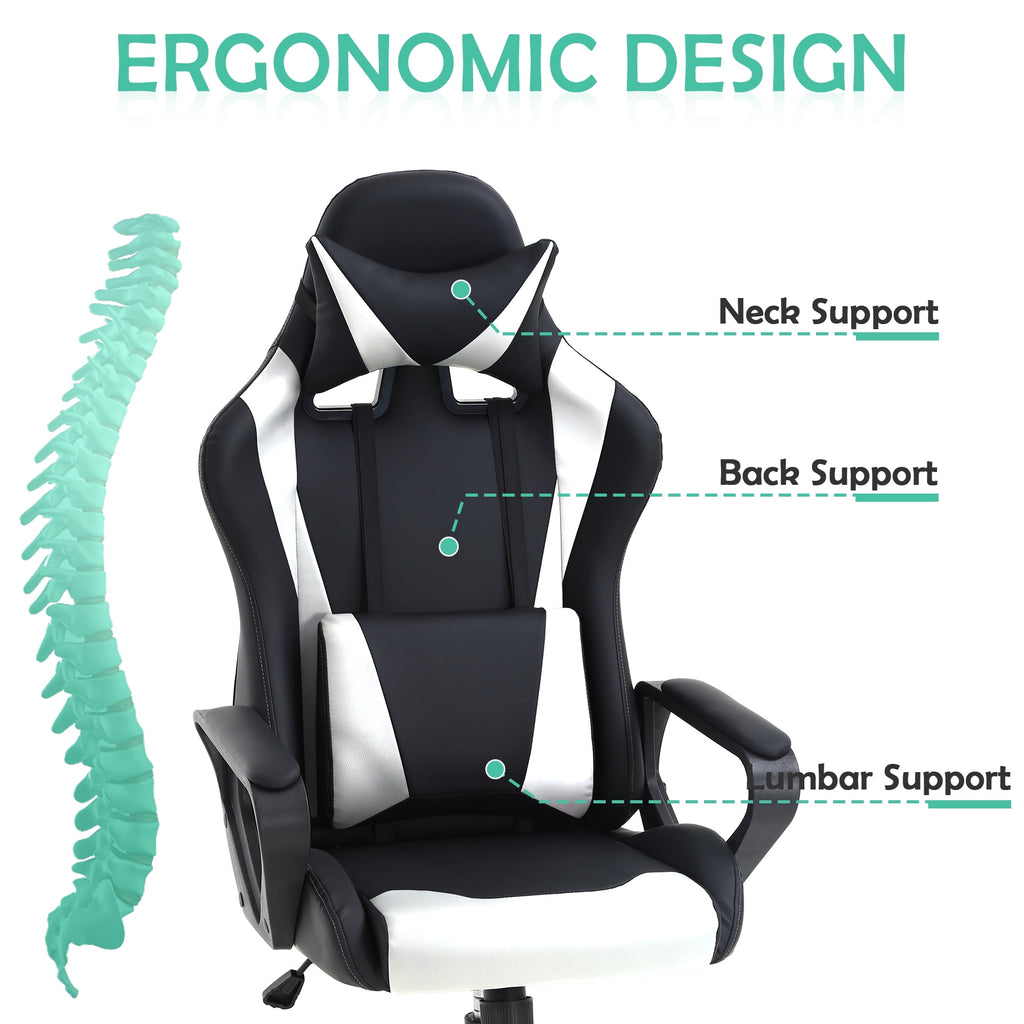 CL.HPAHKL PC Gaming Chair, Office Chair High Back PU Leather Ergonomic Computer Chair with Headrest and Lumbar Support, Height Adjustable Video Game Chair for Adults, White