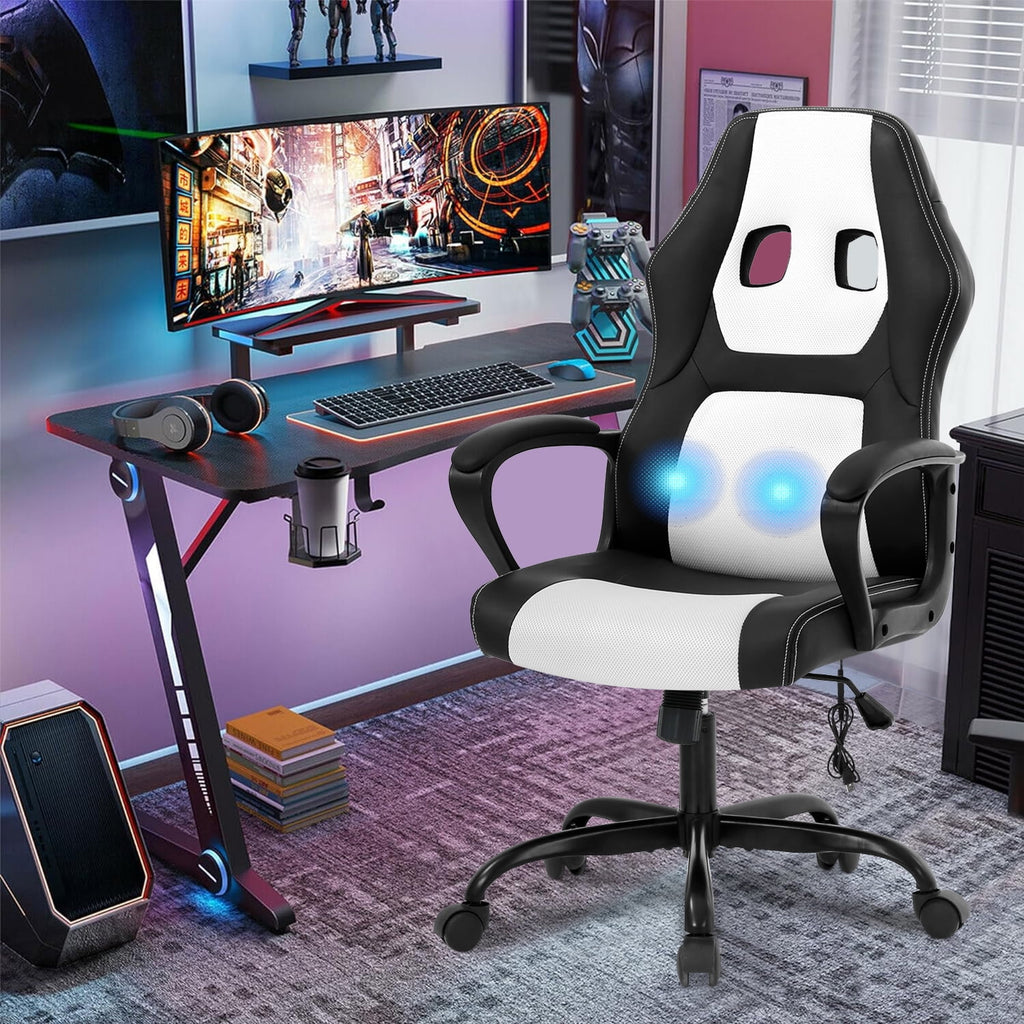 XF XINFENG Gaming Ergonomic Office Chair, 250lbs Capacity PU Leather Computer Chair with Lumbar Massage, Height Adjustable 360° Swivel Racing Chair, White