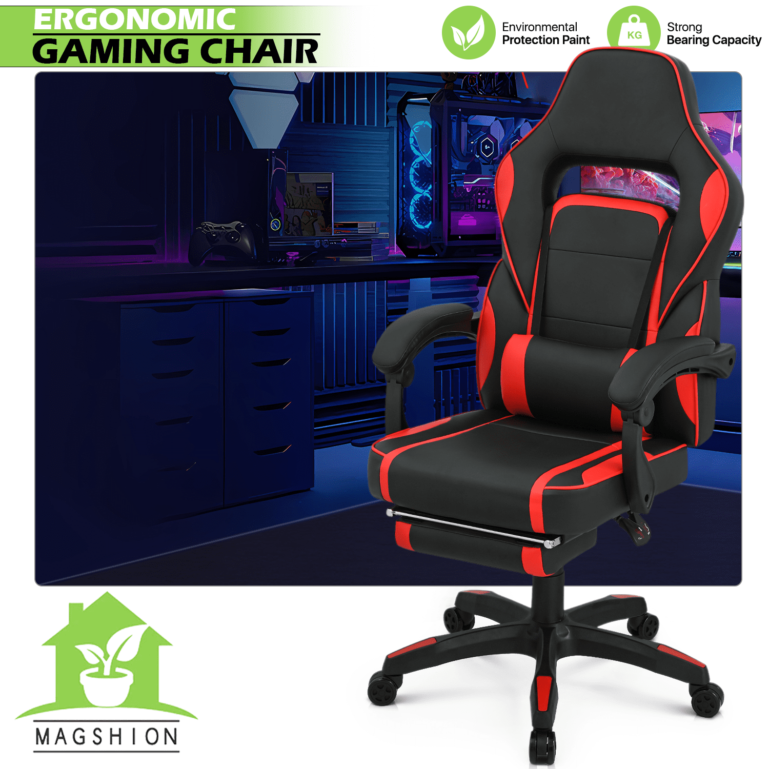 Magshion Computer Recliner Chair, Ergonomic Adjustable Swivel Gaming Seat with Lumbar Support for Electronic Game Room, Red