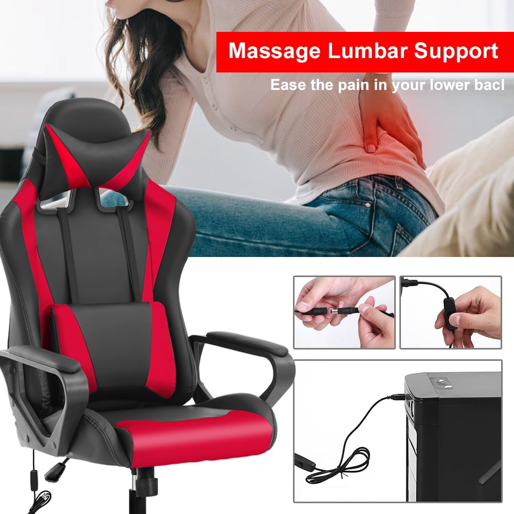Gaming Chair Massage Computer Chair with Headrest Adjustable Office Chair Desk Chair with Armrest & Lumbar Support for Teens & Kids, Red