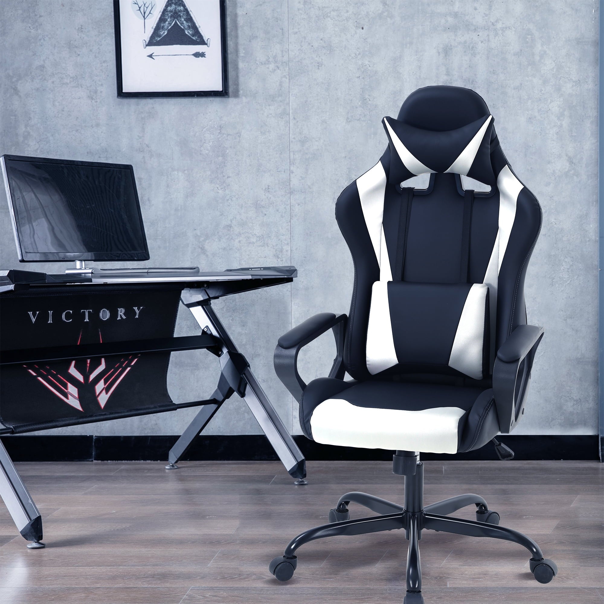 CL.HPAHKL PC Gaming Chair, Office Chair High Back PU Leather Ergonomic Computer Chair with Headrest and Lumbar Support, Height Adjustable Video Game Chair for Adults, White