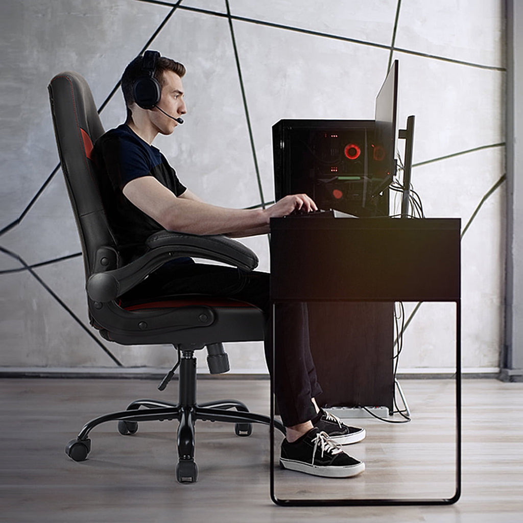 GIANNA Computer Gaming Desk Chair, Ergonomic Office Executive Adjustable Swivel PU Leather Racing Chair with Flip-up Armrest, Black Red